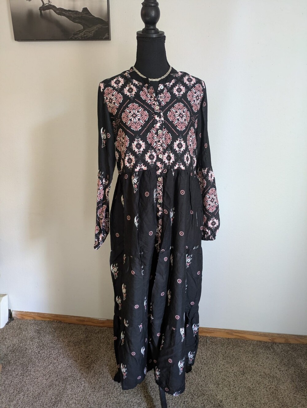 Ananda’s Collection Black Boho Floral Tiered Button-Down Maxi Dress